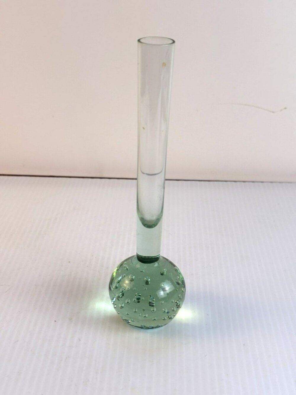 Vintage MCM Controlled Bubble Glass Bud Vase 6" Clear/Green Ball Base, Unmarked
